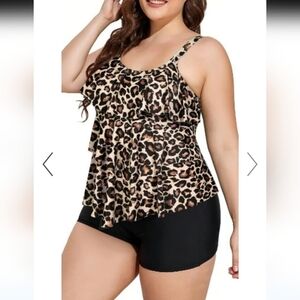 Two Piece Bathing Suit Leopard Tankini & Black Boy Shorts Plus Size 22W Ruffled